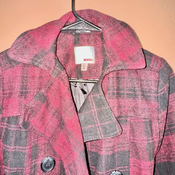 Bongo Women's Double Breasted Red Plaid Button Pea Coat - Size Small - Picture 2 of 10